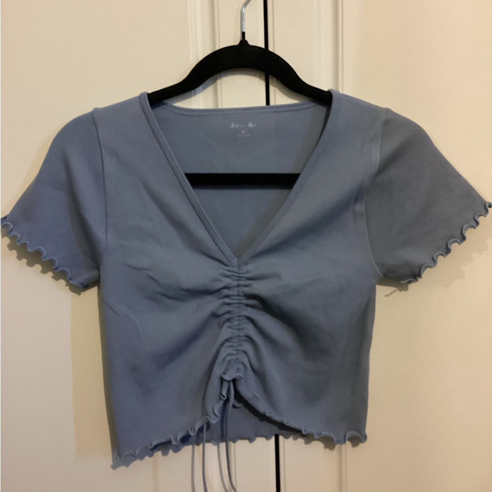 Active USA Blue Ruched Short Sleeve Blouse
